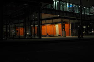artificial lighting, building, England, eye level view, lobby, London, night, office, spring, street, The United Kingdom, urban