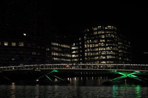 artificial lighting, bridge, bridge, building, canal, city, city, city lights, cityscape, England, eye level view, London, night, office, The United Kingdom, winter