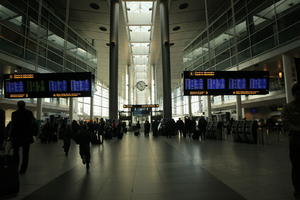 airport, artificial lighting, ceiling, Copenhagen , crowd, Denmark, display, dusk, eye level view, floor, interior, Kobenhavn, people, spring