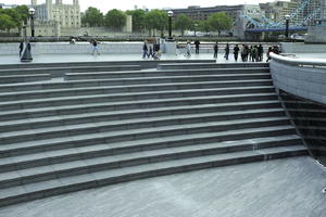 dark, England, eye level view, London, More London, overcast, square, stage, stair, steps, The United Kingdom, urban