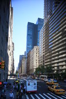 building, car, crossing, day, elevated, facade, Manhattan, New York, skyscraper, street, sunny, taxi, The United States