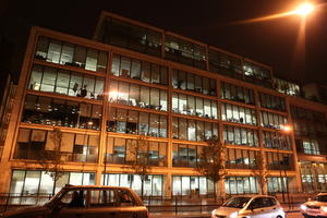 architecture, artificial lighting, building, car, England, eye level view, facade, London, night, office, The United Kingdom, transport
