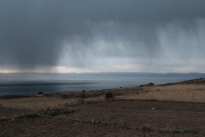 eye level view, field, lake, overcast, Peru, Puno, storm, winter