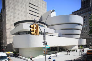 building, day, elevated, facade, Guggenheim Museum, Manhattan, New York, street, sunny, The United States, traffic light