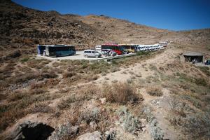 Arequipa, Arequipa, autumn, bus, car, day, eye level view, mountain, natural light, parking, Peru, sunny, Valley of Volcanoes
