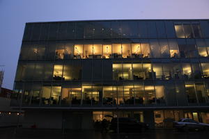 artificial lighting, below, building, dusk, England, facade, London, office, The United Kingdom