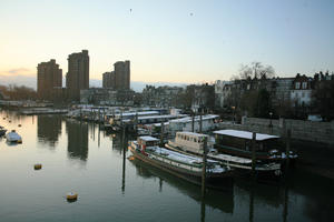 boat, dusk, elevated, England, London, natural light, quay, river, sunset, The United Kingdom, winter
