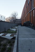 bench, courtyard, day, eye level view, Krakow, Malopolskie, pavement, Poland, shady, sunny, winter