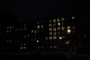 artificial lighting, building, building, England, eye level view, housing block, London, night, residential, The United Kingdom, winter