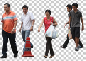 asian, cutout, cutout groups, cutout people, day, diffuse, diffused light, eye level view, front, group, summer, walking