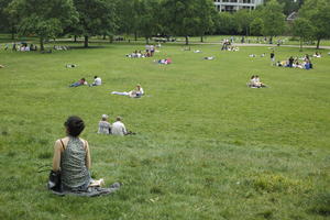 casual, day, England, eye level view, grass, group, lawn, London, natural light, park, people, picnicking, sitting, spring, The United Kingdom