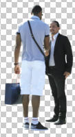 bag, casual, caucasian, cutout, cutout couples, cutout people, day, eye level view, latino, male, people, standing, summer, talking