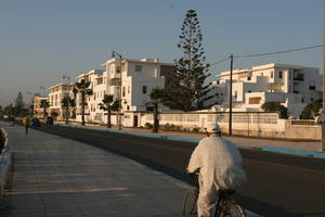 arabic, autumn, back, building, cycling, day, direct sunlight, dusk, Essaouira, eye level view, man, Morocco, natural light, pavement, street, sunlight, sunshine