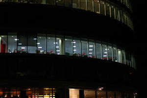 artificial lighting, below, England, facade, London, night, office, office building, outdoor lighting, spring, The United Kingdom