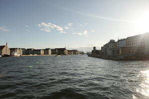 canal, cityscape, Copenhagen , day, dusk, eye level view, winter