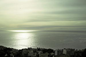 afternoon, Cirrostratus, cloudy, day, elevated, haze, looking down, Monaco, Monte Carlo, Monte-Carlo, museum, overcast, seascape, sky, sun glare, top-down perspective, water, winter