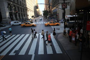 afrocarribean, building, car, crossing, day, elevated, group, Manhattan, New York, old, people, standing, street, summer, sunny, taxi, The United States, walking, woman