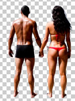 back, casual, caucasian, couple, cutout, cutout couples, cutout people, day, eye level view, standing, summer, sunbathing, sunny