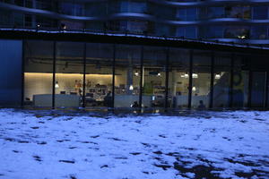 artificial lighting, building, England, evening, eye level view, facade, London, office, snow, The United Kingdom