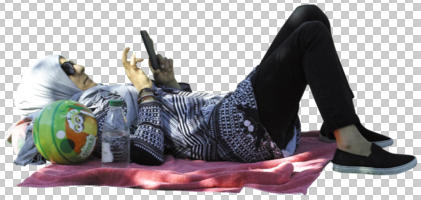autumn, casual, cutout, cutout people, cutout women, day, eye level view, female, laying, middleastern, phoning, side, sunny, woman