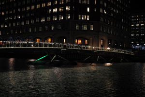 artificial lighting, bridge, bridge, building, canal, city, city, city lights, cityscape, England, eye level view, London, night, office, The United Kingdom, winter