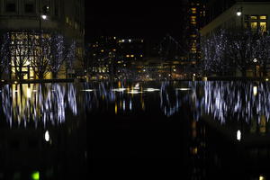 artificial lighting, city, city, city lights, cityscape, England, eye level view, London, night, pond, The United Kingdom, winter