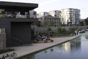 afternoon, building, cafe, cityscape, dockside, drinking, eating, elevated, England, London, outdoors, shady, sitting, soft light, square, terrace, The United Kingdom, urban, walkway, water feature